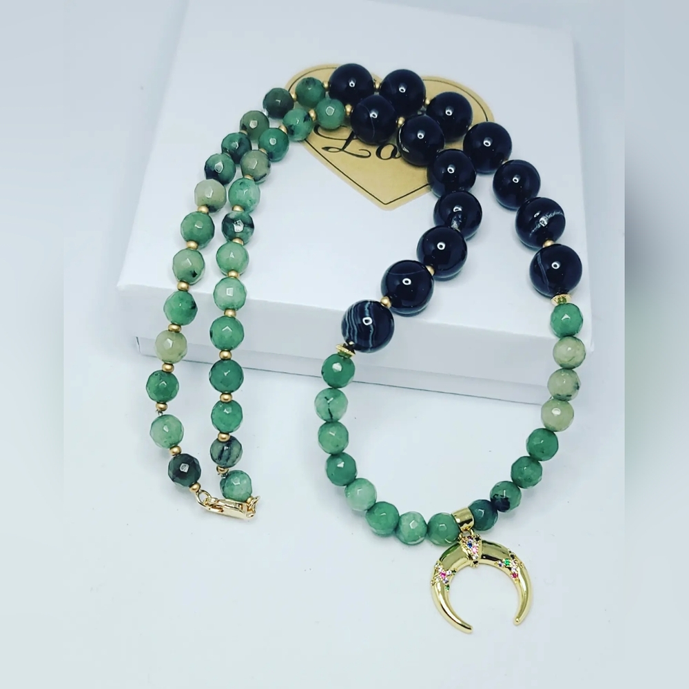 Faceted Zoisite, Black Lace Agate Moon Stainless steel Zirconia charm necklace